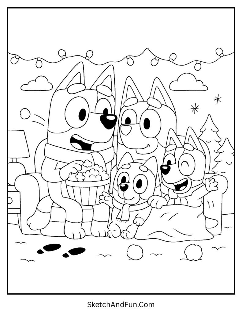 A coloring page of the Heeler family cuddling with popcorn and lights, Bluey coloring pages printable