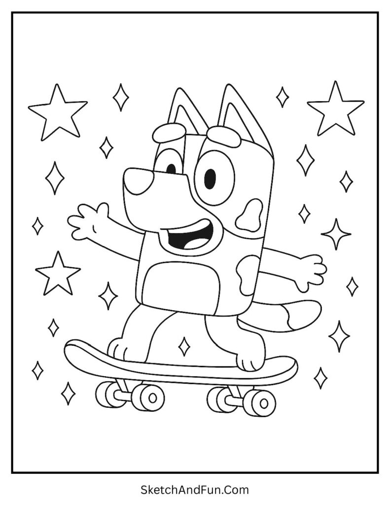 A coloring page of Bluey riding a skateboard with stars and sparkles, Bluey coloring pages for preschool