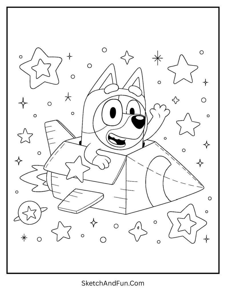 A coloring page of Bluey exploring planets in a cardboard rocket, Bluey Minecraft style coloring pages