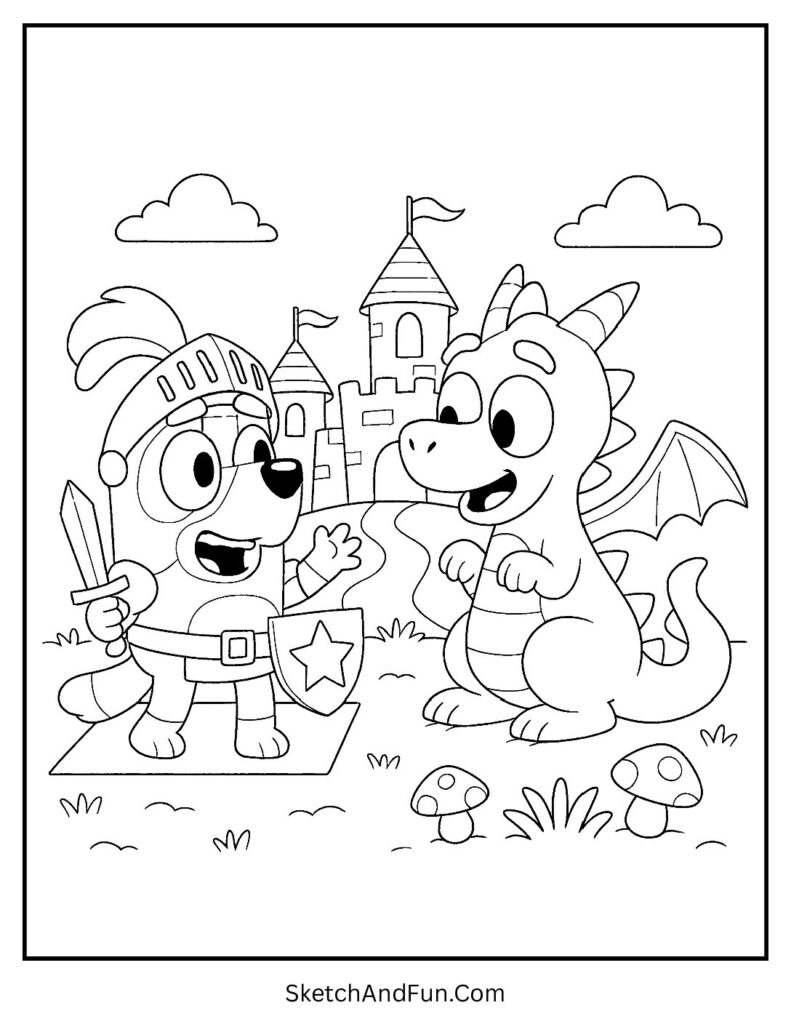 A coloring page of Bluey dressed as a knight meeting a cartoon dragon, Bluey Halloween coloring pages