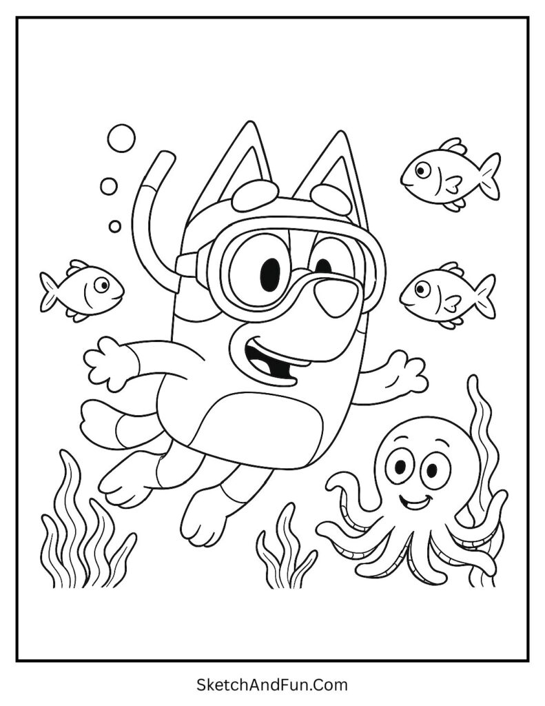 A coloring page of Bluey swimming with fish and a smiling octopus, Bluey coloring sheets for kids
