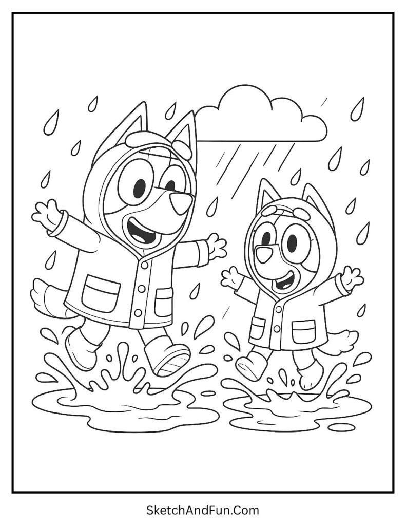 A coloring page of Bluey and Bingo jumping in muddy puddles, Free Bluey coloring pages