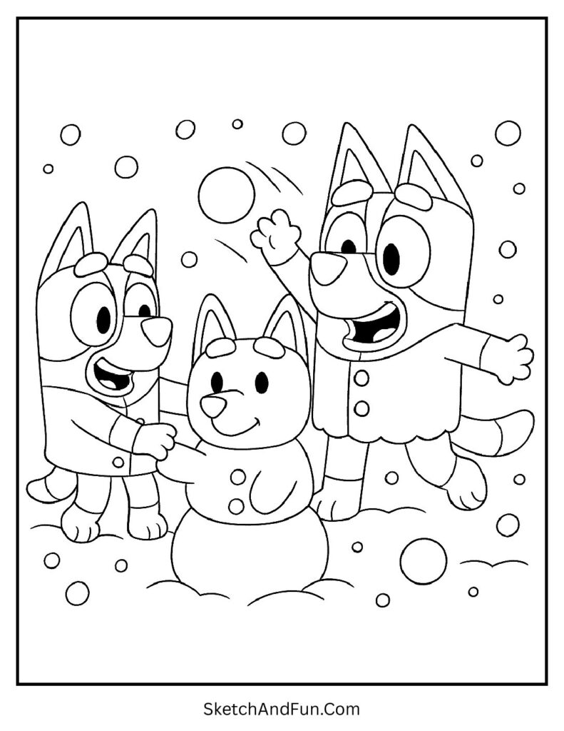 A coloring page of Bluey and Bingo building a snow pup, Bluey coloring pages PDF download
