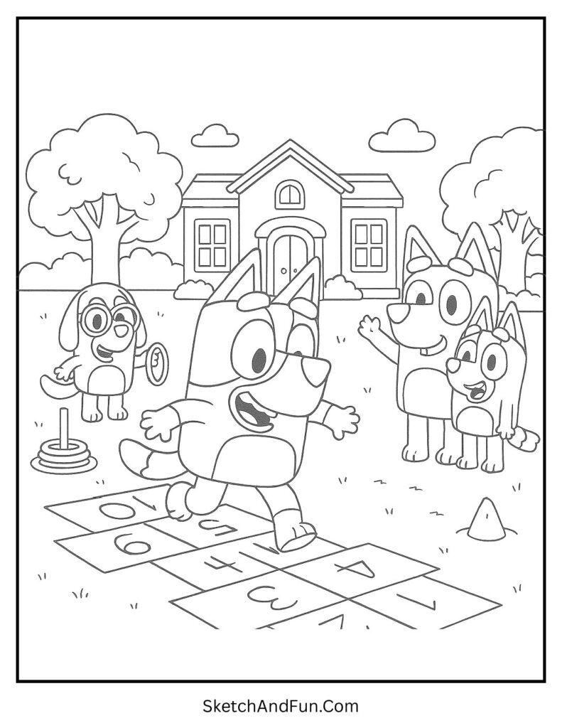 A coloring page of Bluey playing hopscotch and games with friends, Bluey coloring pages family