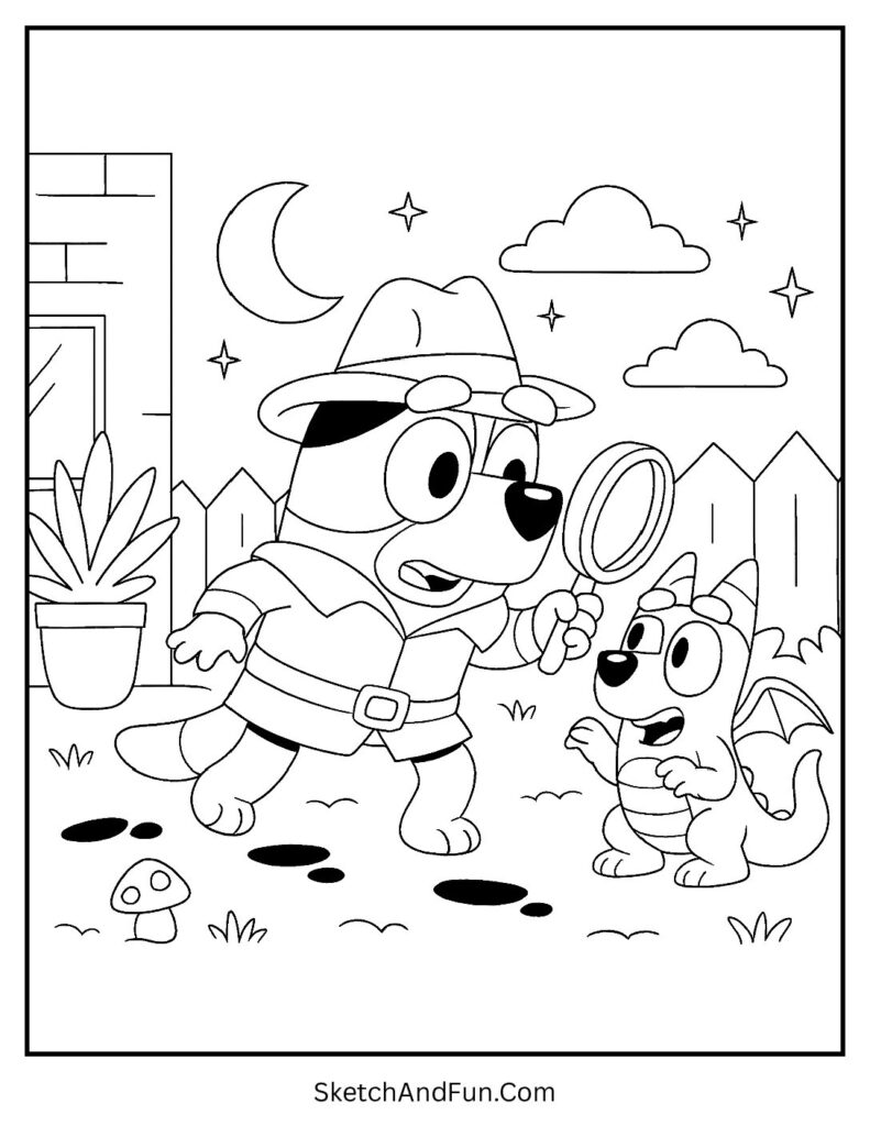 A coloring page of Bluey sneaking with a magnifying glass and hat, Bluey coloring book PDF free