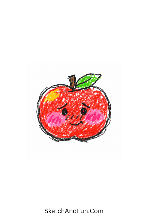 A blushing round apple with shy cheeks, hand drawn fruit doodles