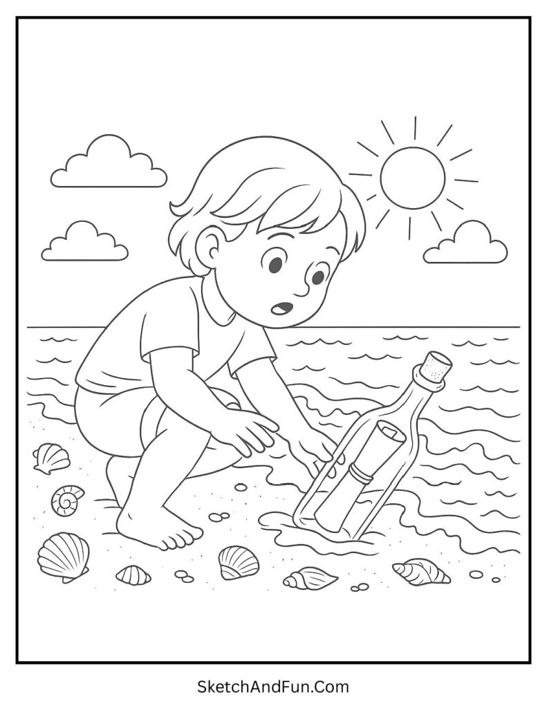 A coloring page of a child finding a message in a bottle on the shore, beach coloring pages PDF download free