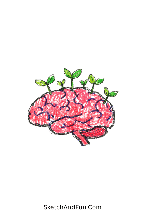 A doodle of a brain with small leaves sprouting from it, science doodle notes