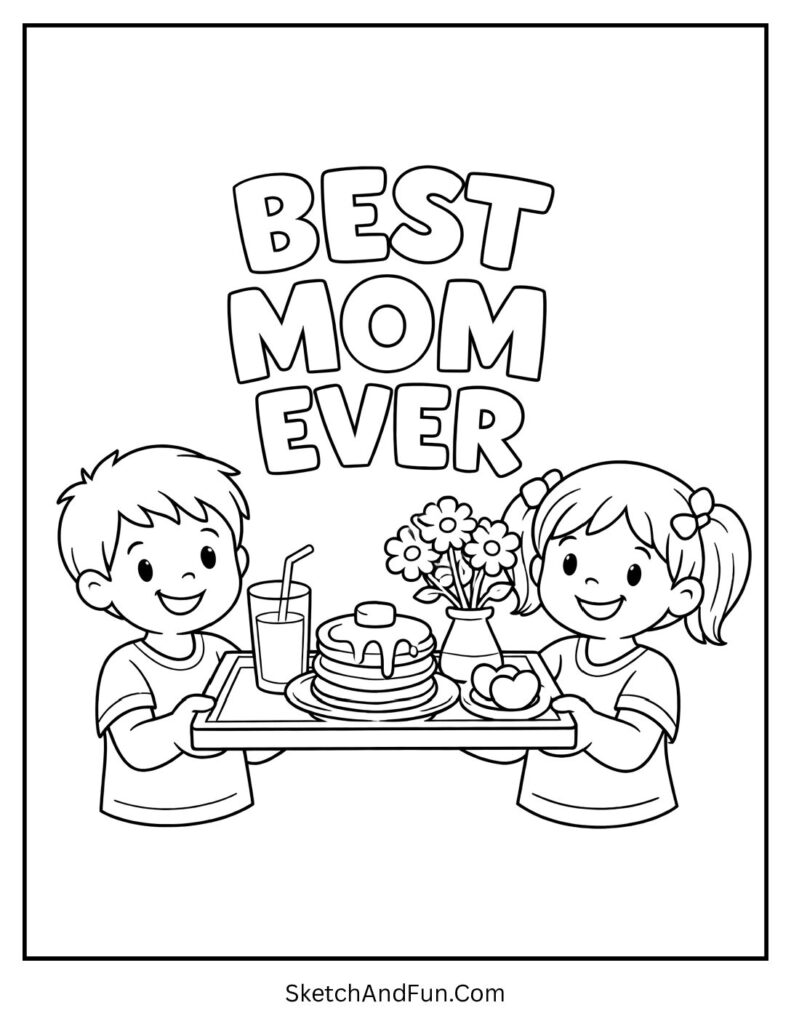 A coloring page of kids bringing breakfast tray to mom, mom coloring pages to print