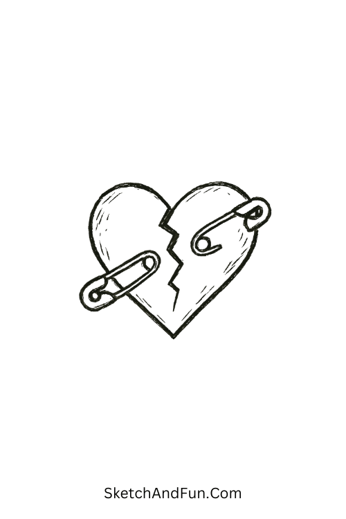 A doodle of a cracked heart held with safety pins, edgy doodle ideas