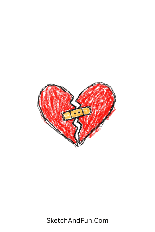 A doodle of a broken heart patched with tape, doodle art for kids