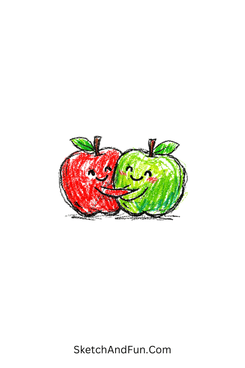 Two apples hugging with tiny arms, fruit doodle coloring pages