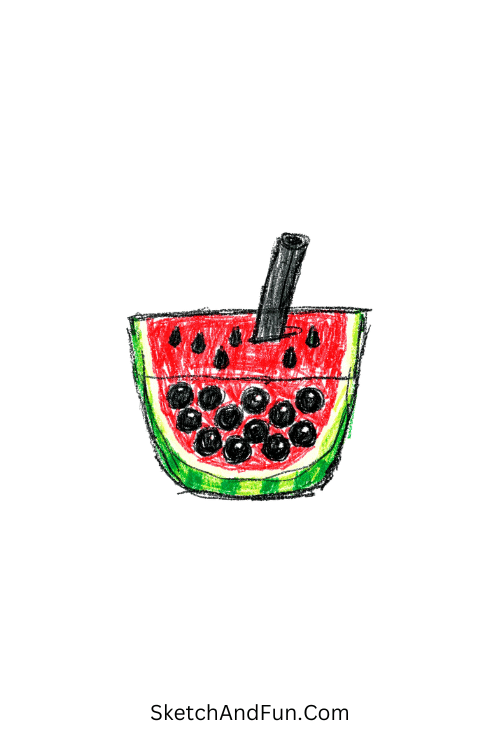 A watermelon slice styled like bubble tea with pearls, fruit doodle vector