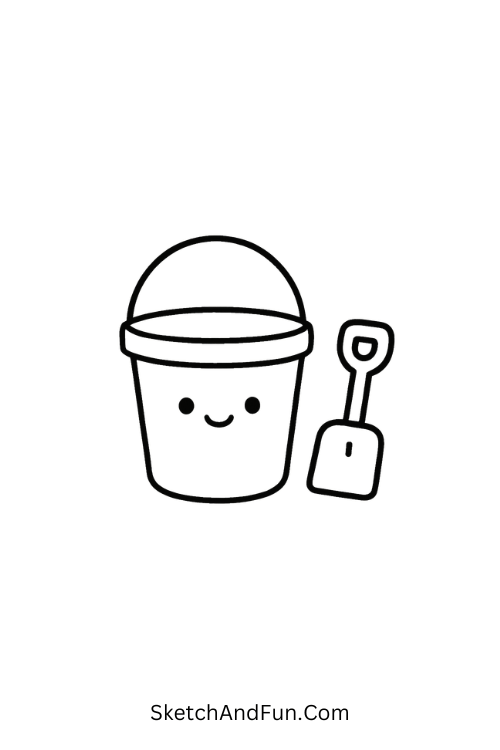 A doodle of a smiling bucket and spade in sand, beach doodle coloring page