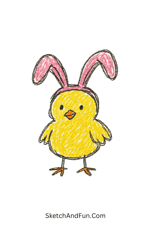A drawing of a chick wearing oversized bunny ears, Easter chick and bunny illustration