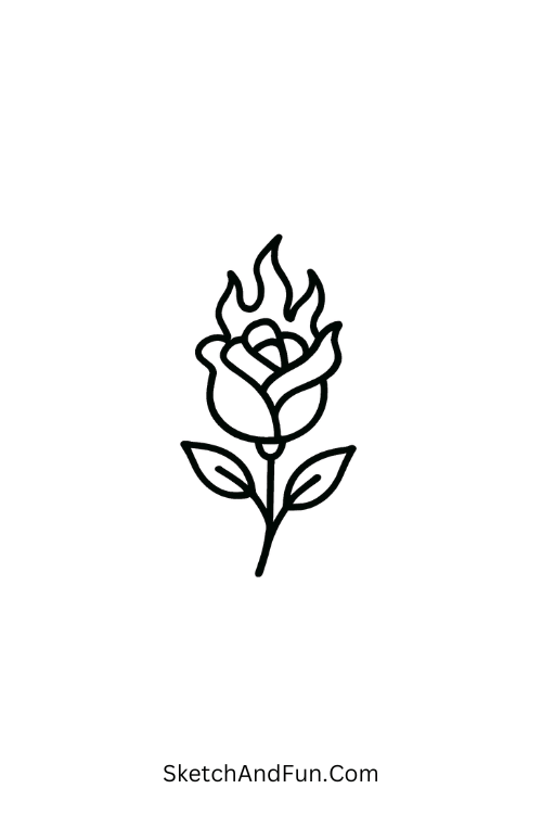 A doodle of a rose with tiny flames on petals, grunge rose doodles