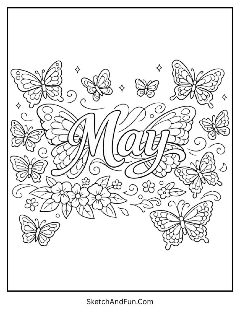 A coloring page of “May” surrounded by colorful butterflies, May butterflies coloring page