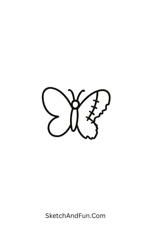 A doodle of a butterfly with torn stitched wing, indie grunge doodles