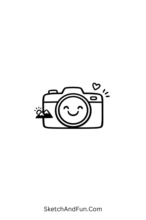 A doodle of a smiling camera lens on a friendly camera, travel doodle art