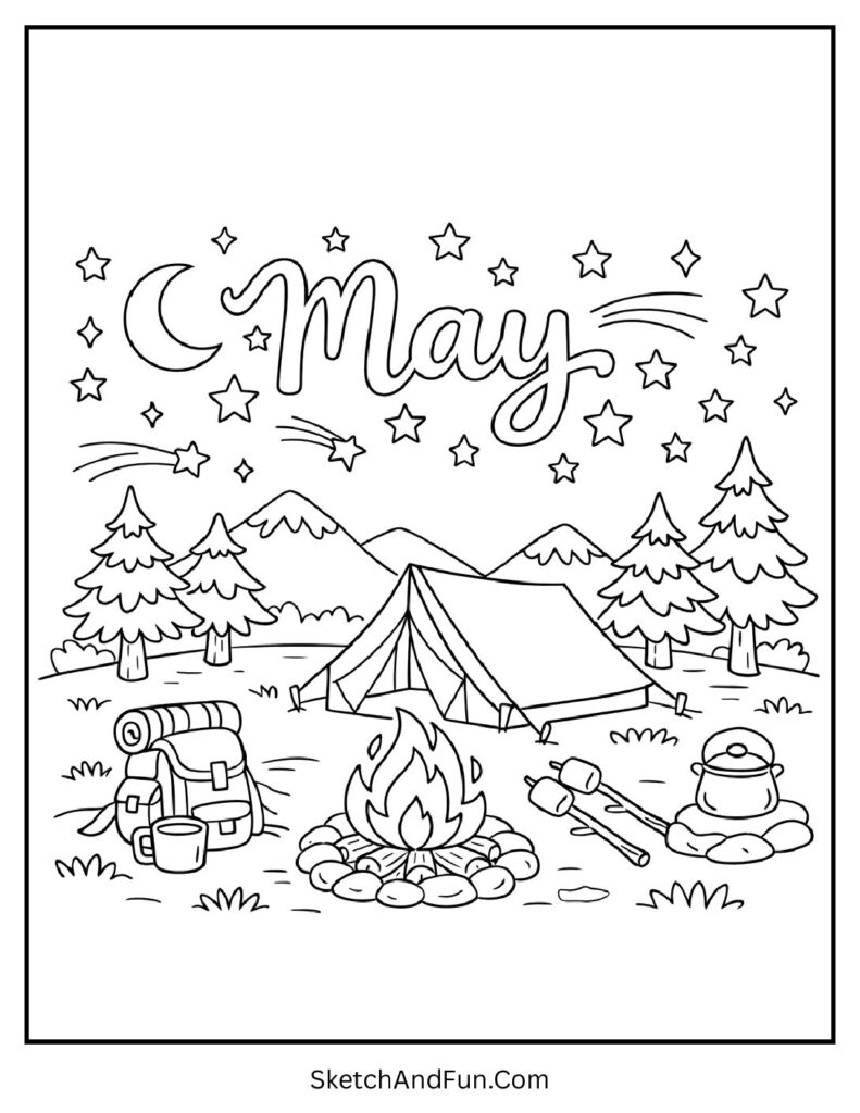 A coloring page of “May” in the sky above a tent, May spring theme coloring pages