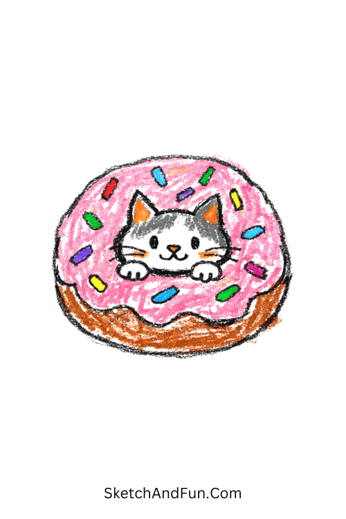 A doodle of a cat peeking out from a donut hole, cat doodle inspiration