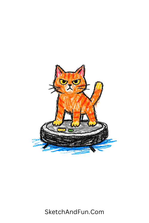 A doodle of a serious cat standing on a robot vacuum, easy doodle cats