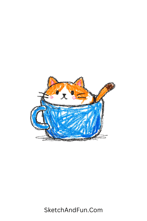 A doodle of a round cat squeezed inside a coffee mug, cartoon cat doodle easy