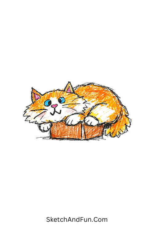 A doodle of a big cat squeezed awkwardly into a tiny box, simple cat doodle drawing