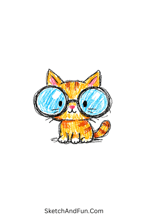 A doodle of a tiny cat wearing huge glasses on its face, kawaii cat doodle