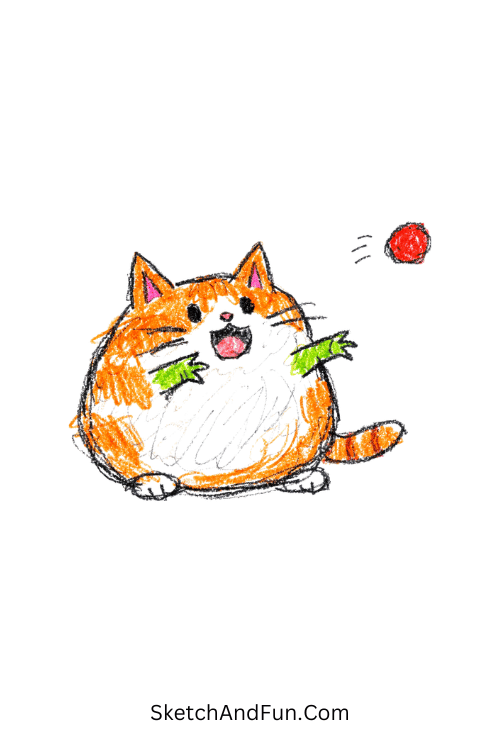 A doodle of a round cat with tiny T-Rex arms trying to reach, funny doodle cats