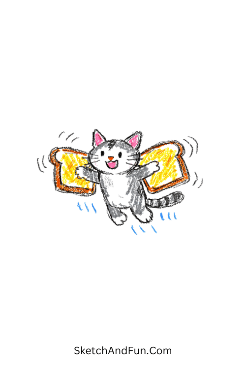A doodle of a cat flapping slices of toast like wings, goofy cat doodle drawing
