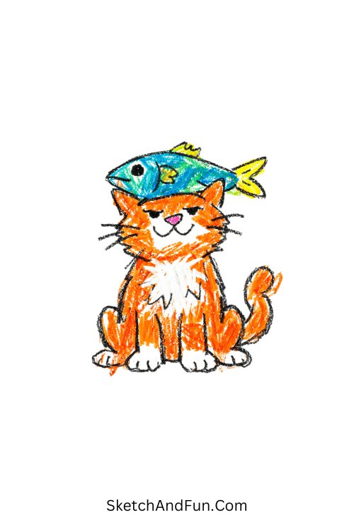 A doodle of a proud cat wearing a fish on its head, silly cat doodles Pinterest