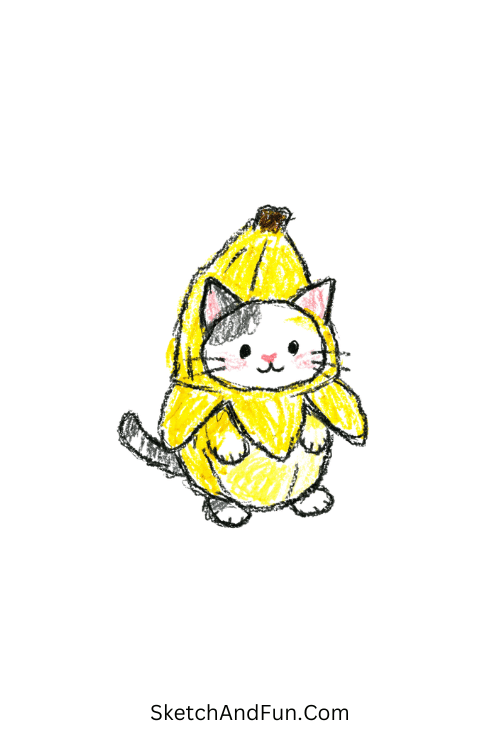 A doodle of a small cat in a banana costume with tail out, silly cat doodle ideas