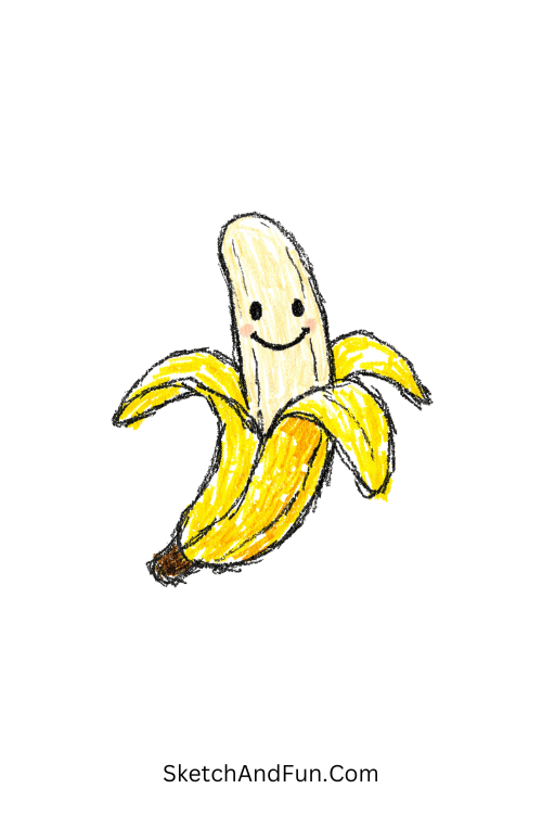 A doodle of a peeled banana with a subtle smile, halloween crayon doodles