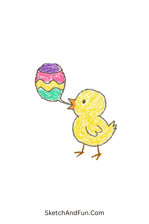 A drawing of a chick blowing a bubble shaped like an Easter egg, Easter chick digital drawing ideas