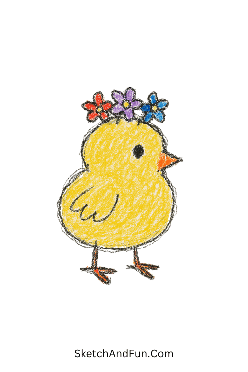 A drawing of a chick wearing a tiny crown of flowers, spring chick drawing Easter themed