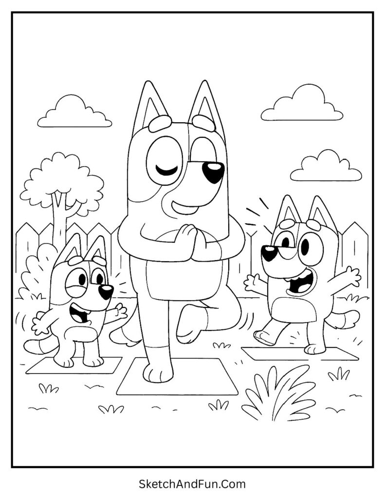 A coloring page of Chilli showing yoga poses while Bluey and Bingo wobble, Bluey coloring pages for toddlers