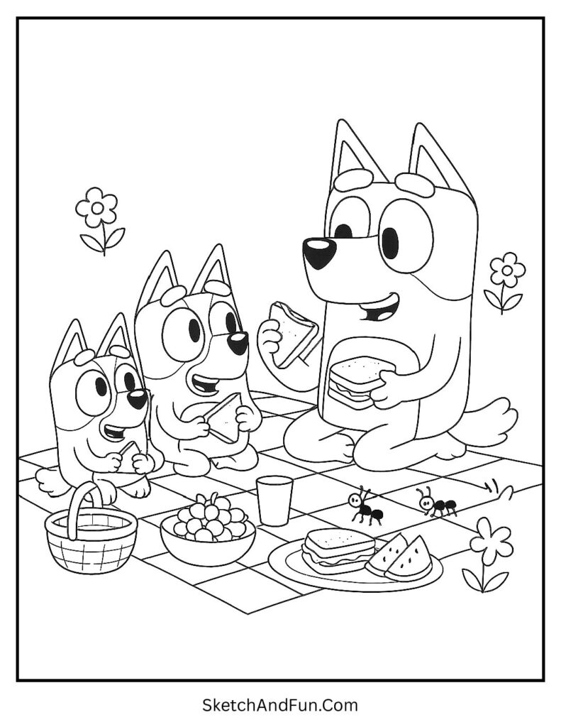 A coloring page of the family having a sunny garden picnic, Bluey and friends group coloring