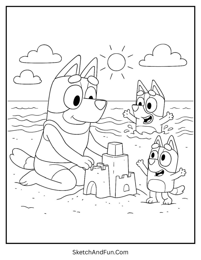 A coloring page of Chilli building a sandcastle with Bluey and Bingo, Bluey water play coloring page
