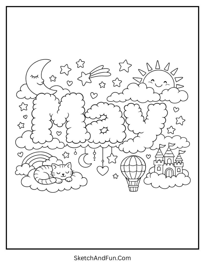 A coloring page of clouds and stars forming “May”, Spring celebration May coloring sheets