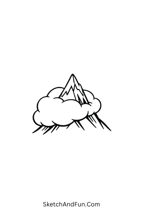 A drawing of a cloud wrapped around mountain peak, nature drawing for beginners