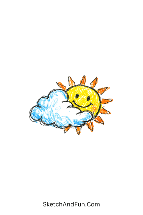A doodle of cloud hugging smiling sun, may doodles for beginners aesthetic