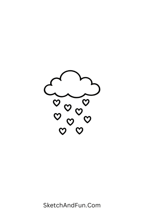 A drawing of a cloud raining small hearts, nature doodle ideas