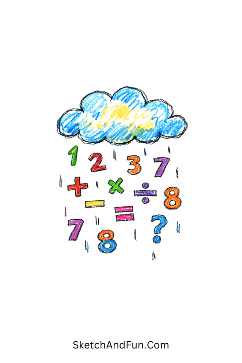 A doodle of a fluffy cloud raining numbers and math symbols, science doodles for kids