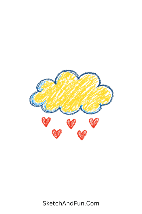 A doodle of a fluffy cloud with heart raindrops, notebook doodles ideas