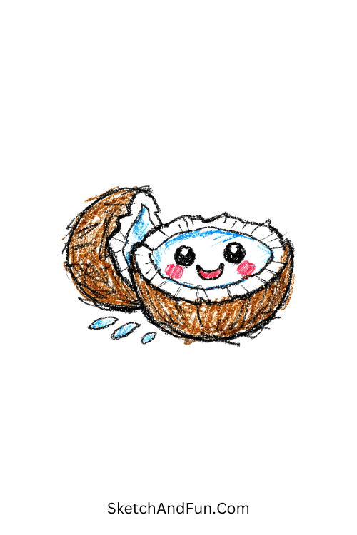 A cracked coconut showing a happy face, fruit doodle tutorial