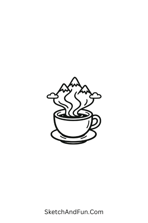 A doodle of a coffee cup with mountain-shaped steam, travel doodle vector free