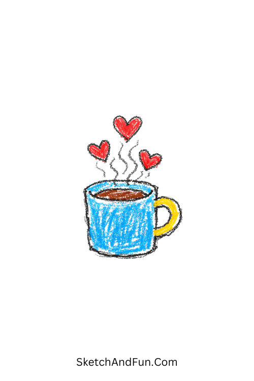 A doodle of a coffee cup with heart-shaped steam rising, colorful marker doodle ideas