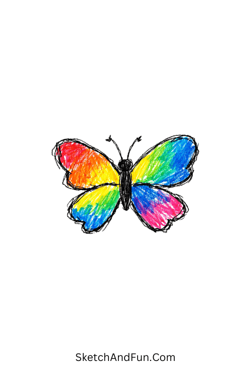 A doodle of a butterfly with vibrant colorful wings, colored pencil doodle flower designs