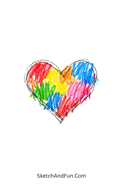 A doodle of a loose colorful heart with overlapping strokes, colored pencil doodle drawing